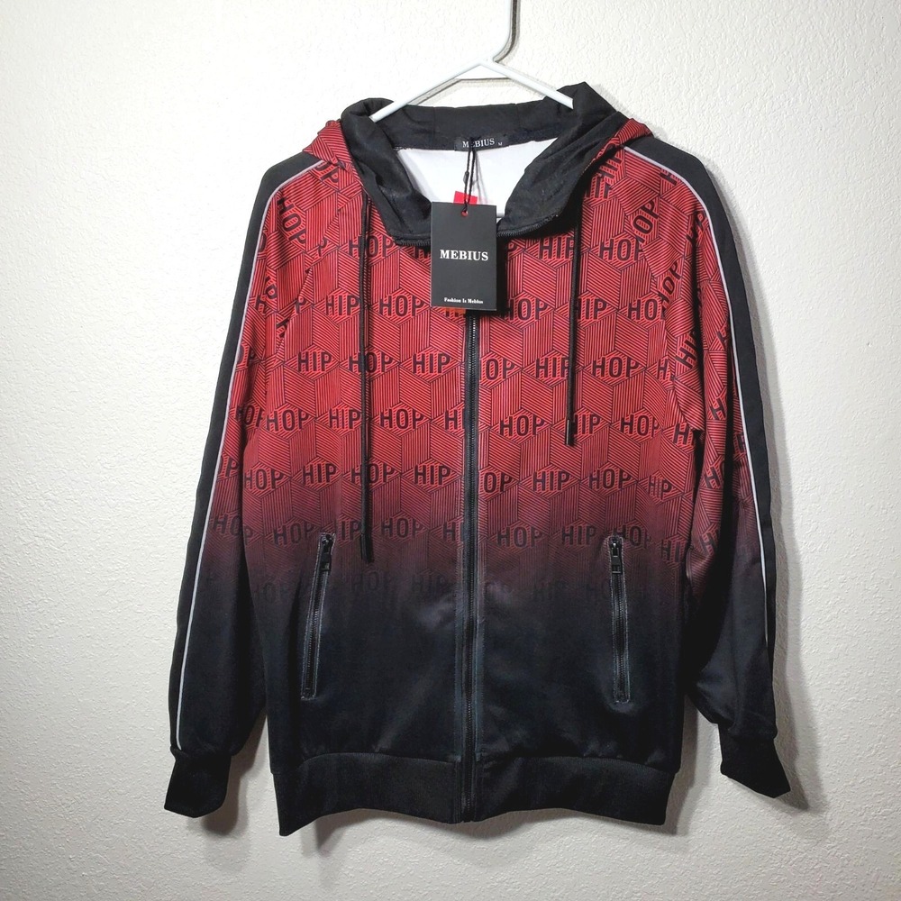 Mebius Men's Medium Hip Hop Hoodie Jacket  Ombre Red & Black Full Zip NWT